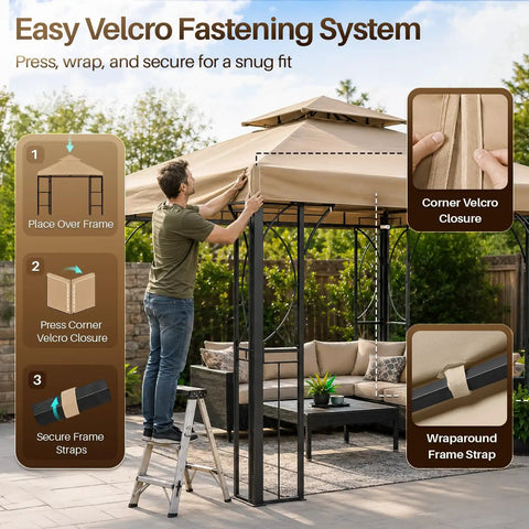Man installing 10x10 Ft Gazebo Replacement Canopy Top With UV30 Plus Sun Protection, Dirt And Water Resistant Double Layer Outdoor Cover