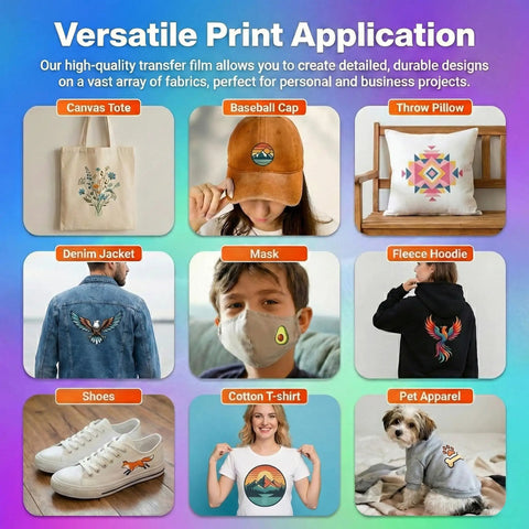 Collage showing various products with designs using Direct To Film Roll 13 Inch By 328 Feet A3 Plus PET.
