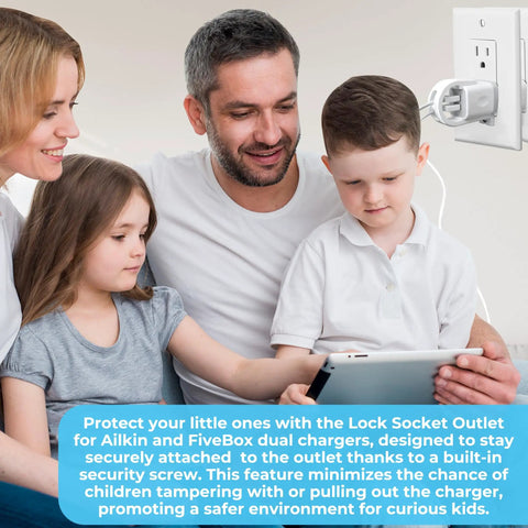 Lock Down Your Wall Outlet With This Tug Proof Charger Lock That Attaches Via Heavy Duty Security Screw to block sneaky tugs.