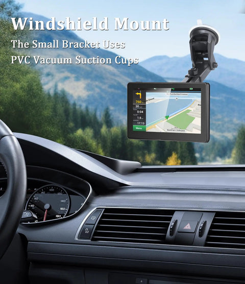Universal Screen Mount For In Car Dash CarPlay Monitor Stand Plug And Play Setup Suction Cup Holder on windshield with map display.