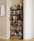 Slim Rolling Storage Cart On Wheels Metal 6 Tier Mobile Shelving Unit For Tight Spaces In Kitchen Office Bathroom Laundry Room And Garage Space Saving Narrow Design Super Handy Glide Transport filled with pantry items.