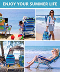 Collage of Rock Solid Backpack Beach Chair For Adults Folding Heavy Duty Camping Chair with beach scenes and a woman carrying it.