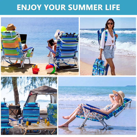 Collage of Rock Solid Backpack Beach Chair For Adults Folding Heavy Duty Camping Chair with beach scenes and a woman carrying it.
