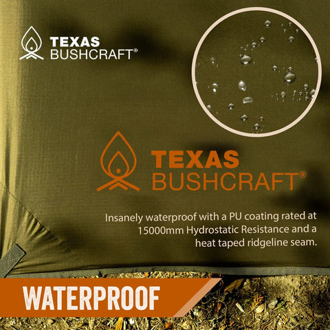 Beefy Waterproof 10x10 Camping Tarp Emergency Shelter showing waterproof surface with droplets on 70D ripstop nylon material.