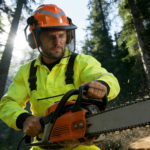 Man using chainsaw wearing Chainsaw Helmet With Face Shield And Ear Muffs For Logging And Tree Cutting ANSI Certified Forestry Hard Hat