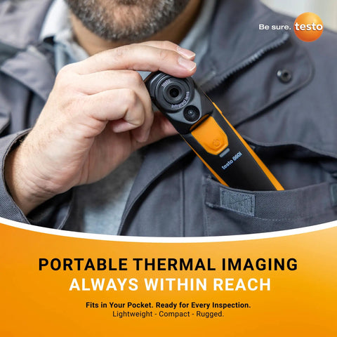 Wireless Thermal Imaging Camera For iPhone And Android With Carrying Pouch And USB C Cable shown in a pocket