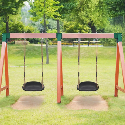 Two Pack Heavy Duty Swing Seats With 500 Pound Capacity And Wider Swing Board Anti Slip Surface Height Adjustable Rope From Fifty To Eighty Inches Built For Backyard Patio Garden Playground set up in a grassy area