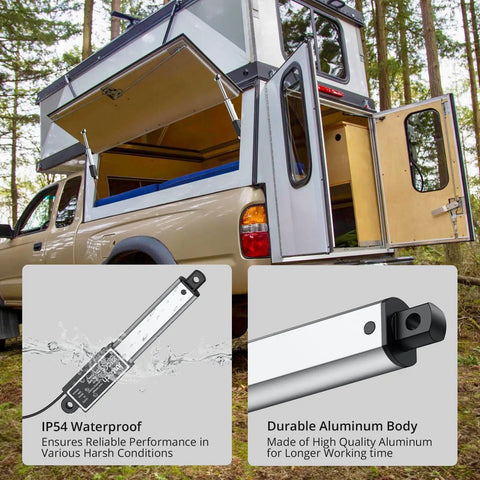 Top Notch Mini Linear Actuator Featuring Two Inch Travel Plus Twelve Volt Dc Packs Forty Two Pound Lift Capacity With Ip54 Moisture Block For No Fuss Automation Upgrades Every Maker Craves installed on a camper truck, showcasing aluminum body and waterproof features.