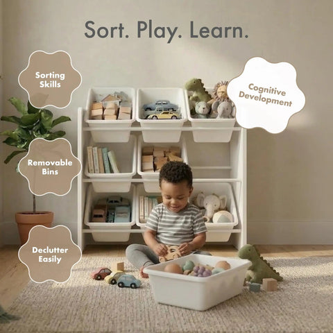 Child playing with toys near Three Tier Toy Storage Organizer With Nine Removable Bins For Kid Friendly Playroom No Mess Easy Cleanup Durable Engineered Wood Frame Sturdy Toddler Toy Organization In White