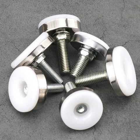 Beefy 10 Piece Adjustable Leveling Feet M8x25mm Heavy Duty Levelers with nylon base and stainless steel core on gray surface.
