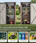 Vertical Outdoor Storage Cabinet Shed With Floor, showing lockable doors open with two adjustable shelves in use.