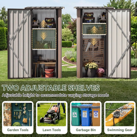 Vertical Outdoor Storage Cabinet Shed With Floor, showing lockable doors open with two adjustable shelves in use.