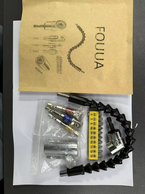 Flexible Drill Bit Extender And Universal Socket Wrench Set With 105 Degree Right Angle Attachment and adapters on table