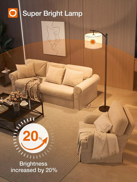 Floor Lamp With 3 Color Temperatures 3000K 4500K 6500K, Linen Lampshade, 9W LED Bulb Included, Black Base Beige Shade in living room