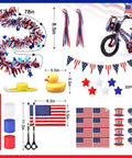 4th Of July Patriotic Bike Decorations Kit For Kids With Red White And Blue Tassels Streamers Tinsel Wheel Spoke Beads American Flags Parade Decor And Rubber Duck Party Favor Fun And Kid Friendly displayed with dimensions and components
