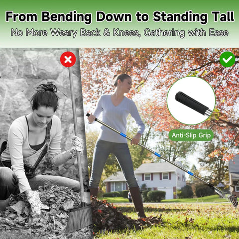 Woman raking leaves with 68 Inch Metal Rake With Adjustable Handle Built For Heavy Duty Leaf Cleanup And Thatch Removal, Lawn Rake.