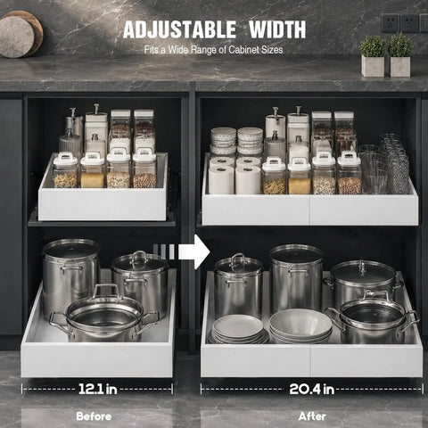 4 Pack White Pull Out Cabinet Organizers 21 Inch Deep Adjustable Width showing adjustable shelves for smooth glide storage