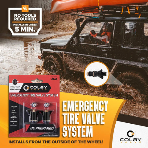 Emergency Tubeless Tire Valve Stem Replacement Kit Installs From Outside The Wheel In Under 1 Minute No Tools Required Fits Most Standard 0.453 Inch Wheel Openings 360 Brass Components Made In USA packaging with off-road vehicle.