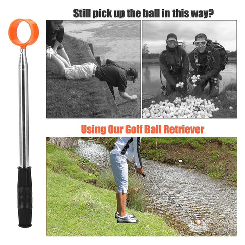 Comparison of manual golf ball retrieval and the Telescopic Golf Ball Retriever With 12 Foot Aluminum Shaft for water hazards.