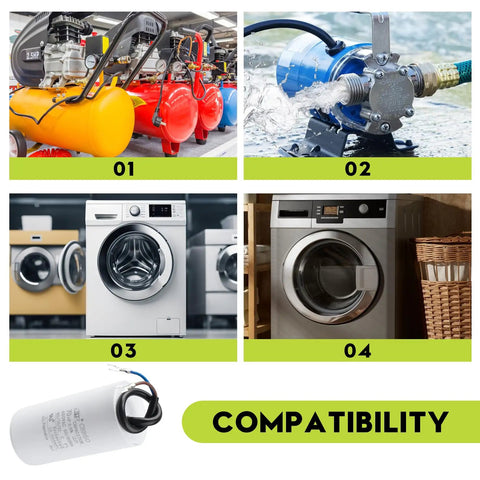 70uF Motor Run Capacitor For 450V AC Systems with images of air compressor, water pump, washing machines highlighting compatibility