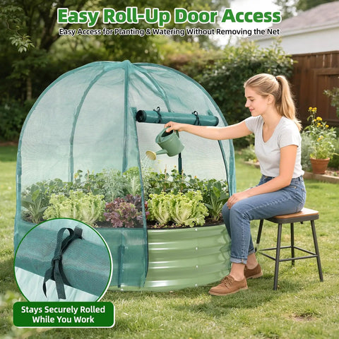 Person gardening using Galvanized Raised Garden Bed With Cover For Outdoors 4x4x1 Ft Metal Planter Box With PE Winter Cover And Mesh Summer Cover 3 In 1 Raised Bed With Windows For Easy Year Round Gardening