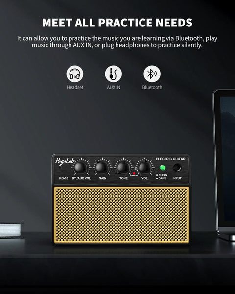 Mini 10W Rechargeable Guitar Amp With Bluetooth For Electric Guitars Two Tone Channels on a desk setup