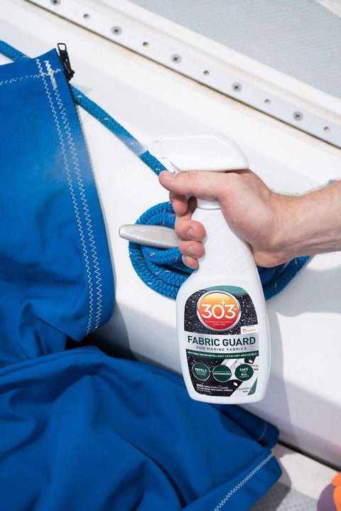 Boat Cover And Canvas Protector Spray 16 Oz Six Pack Restores Water And Stain Repellency Keeps Fabric Dry Resists Water Based And Oil Based Stains Will Not Alter Color Or Breathability, spray bottle on boat canvas