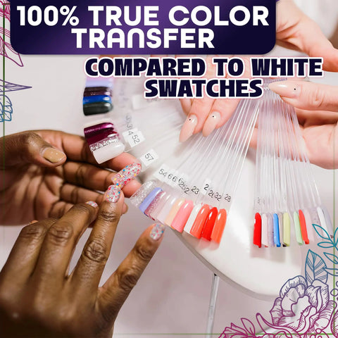 Hands holding 200 Pcs Nail Swatch Sticks Clear Gel Polish Swatches On Metal Ring Display with colorful tips for nail art practice.