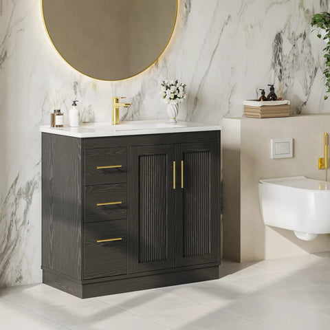36 Inch Bathroom Vanity With Integrated Sink, Modern Black Cabinet With Soft Close Doors, 3 Roomy Drawers, Adjustable Shelf And Built In Toilet Paper Holder, FSC Certified Wood Construction That Hits Different For Top Shelf Storage Needs