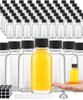 Clear Boston Round Glass Bottles With Black Screw Cap, One Oz Capacity, Complete Kit With Seventy Two Self Stick Labels, Four Precision Funnels, And Fine Liner For Slick DIY Blending, No Fuss Organization, And Totally Solid Storage Set displayed in various sizes with vibrant yellow liquid.