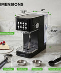 Premium Twenty Bar Espresso Maker With Built In Milk Frother And One Point Eight Quart Removable Tank in sleek black on countertop with accessories.