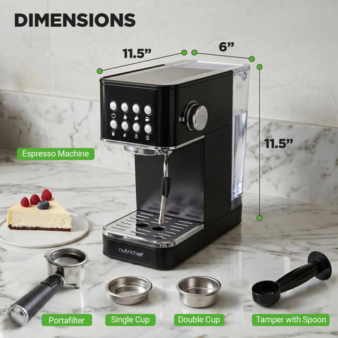 Premium Twenty Bar Espresso Maker With Built In Milk Frother And One Point Eight Quart Removable Tank in sleek black on countertop with accessories.