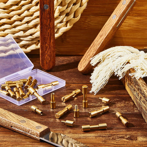 Beefy Brass Bolt Fasteners Set, 20 Pieces, 6 mm Head Diameter Blind Rivets For Knife Making displayed with wooden handles and tools.