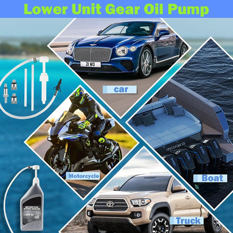 Image showing Lower Unit Gear Oil Pump for Marine Outboard Motors, Transmission Fluid Pump with adapters, and vehicles like car, motorcycle, boat, truck.
