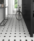 Hallway floor with Betera Blanco Porcelain Tile For Floors And Walls, 13.13 In Square, 0.31 In Thick, Glazed Low Sheen Finish