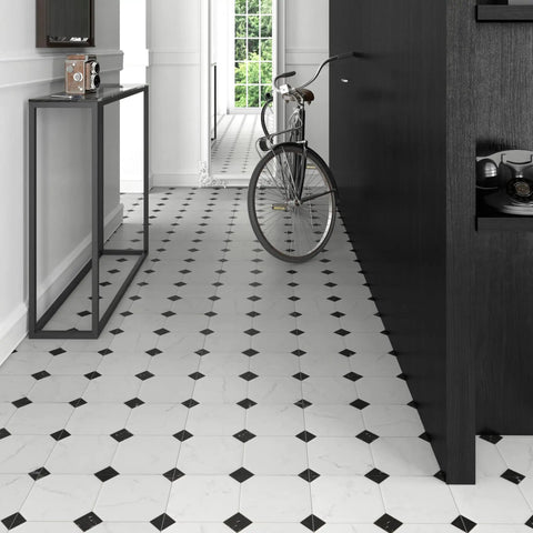 Hallway floor with Betera Blanco Porcelain Tile For Floors And Walls, 13.13 In Square, 0.31 In Thick, Glazed Low Sheen Finish