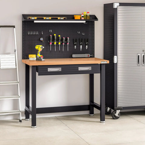 UltraHD Heavy Duty Lighted Work Center With Pegboard And Solid Wood Top, 500 Lb Capacity, graphite steel frame