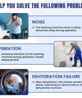 Infographic showing solutions for washer noise, vibration, dehydration failure with images of washer repair scenarios.