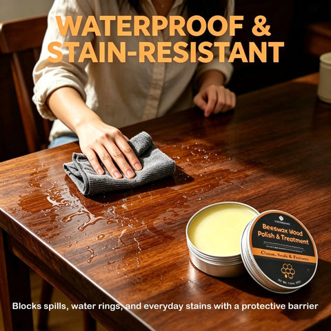 Person applying Premium Beeswax Wood Polish That Keeps Your Furniture Lookin Sharp And Ready For The Long Haul on a wooden table.