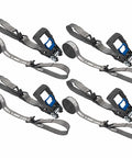 Beefy 4 Pack Ratchet Tie Down Straps One And One Quarter Inch By 16 Foot With Vinyl Double J Hooks laid out for display