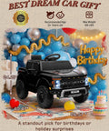 Black Ford F-150 Raptor Licensed 12V Ride On Truck For Kids With balloons and birthday theme background
