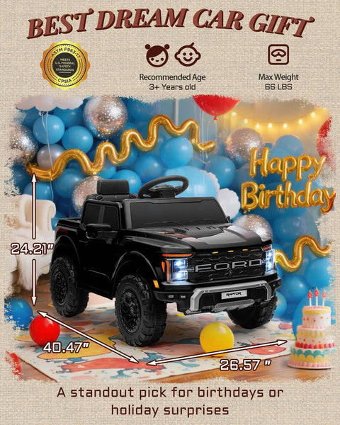 Black Ford F-150 Raptor Licensed 12V Ride On Truck For Kids With balloons and birthday theme background