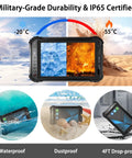 Bombproof 8 Inch Rugged Tablet Running Android 13 Industrial Workhorse With IP65 Waterproof Defense And Military Grade Toughness Featuring 8 GB Ram And 256 GB Storage Plus 4G LTE WiFi NFC GPS For Rough Sites showcased in various extreme conditions.