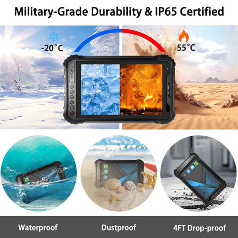 Bombproof 8 Inch Rugged Tablet Running Android 13 Industrial Workhorse With IP65 Waterproof Defense And Military Grade Toughness Featuring 8 GB Ram And 256 GB Storage Plus 4G LTE WiFi NFC GPS For Rough Sites showcased in various extreme conditions.