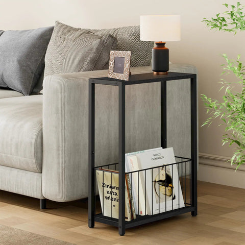 Slim End Table With Magazine Holder And Iron Storage Basket Quick Fix For Tight Squeeze And Tiny Pad Or Dorm Room Accent Furniture Solid Build And Easy Setup.