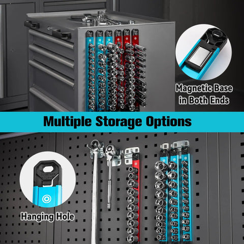 Magnetic Socket Organizer Set For 1/4 3/8 And 1/2 Inch Sockets Aluminum Alloy Socket Rail With 96 Clips Grab And Go For Tool Box