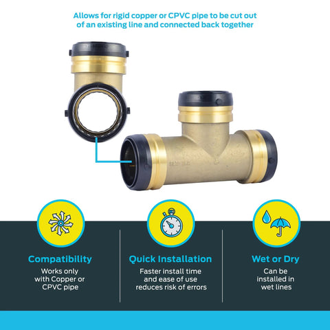2 Inch Slip Tee Push To Connect Brass Plumbing Fitting for Copper and CPVC quick pipe connector front view