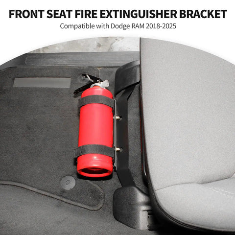 Under Front Seat Fire Extinguisher Bracket Mount for Dodge RAM 2018 to 2025 with heavy-duty metal holder and nylon strap