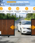 4400lb WiFi Sliding Gate Opener With Smart App Control in operation with wooden gate, driveway car passage, smooth function icons displayed