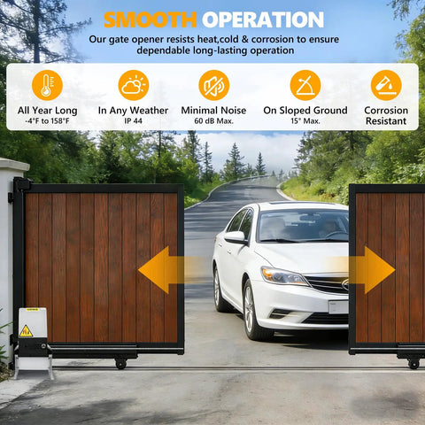 4400lb WiFi Sliding Gate Opener With Smart App Control in operation with wooden gate, driveway car passage, smooth function icons displayed